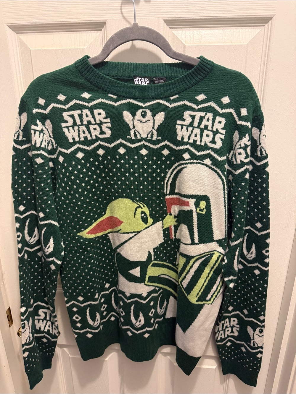 Star Wars Green & White Crewneck Sweater featuring Grogu and Mandalorian
